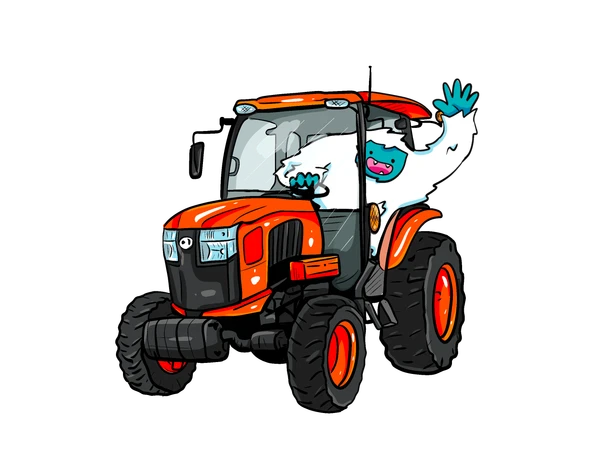 Northern Yeti waving from an orange tractor